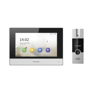 HIKVISION DS-KIS302-P – Kit de Videoportero Híbrido / Pantalla Táctil 7" / Cámara 720x576p / IP a 4 Hilos / Wi-Fi y Cableado / PoE 802.3af / Expansión a 6 Monitores