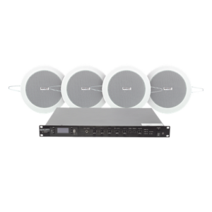 EPCOM PROAUDIO SF120DTB/4CS – Kit de Sonido Ambiental / Amplificador 120W RMS / 4 Altavoces de 4in / Sistema 70/100V / Bluetooth y MP3 / Falso Techo