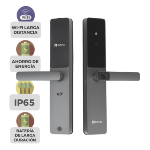 EZVIZ CS-DL05-R100 – Cerradura Inteligente / Cerrojo Tipo Americano / Wi-Fi y Bluetooth / 50 Huellas / IP65 / -25°C a 70°C / Botón de Timbre