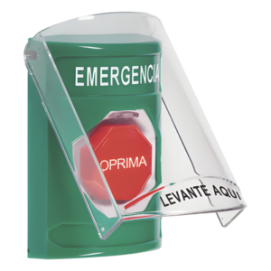 STI SS21A2EM-ES – Botón de Emergencia de Superficie / Tapa de Policarbonato / Bocina Pre Alarma / 2 Relés C 10 A / Texto en Español / Solo Interior