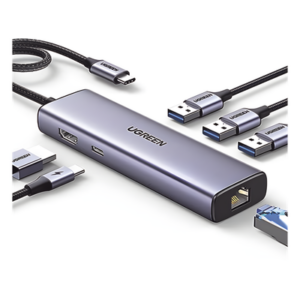 UGREEN 15598 – Hub USB-C 6 en 1 / 3 Puertos USB-A 3.0 (5 Gbps) / HDMI 4K@30Hz / PD 100W / Gigabit Ethernet / Aluminio