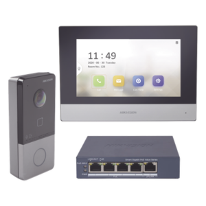 HIKVISION DS-KIS603-P/S – Kit de Videoportero IP / Pantalla Táctil 7" / Cámara 1080p / IR Nocturno 3 m (9.8 ft) / IP65 / PoE / Apertura MIFARE / App Móvil