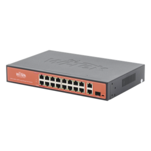 WI-TEK WI-PS518G – Switch PoE de largo alcance / 250m (820 pies) / 16 x 10/100Mbps PoE + 2 x Gigabit + 1 x SFP / 200W / No administrable