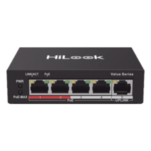 HiLook by HIKVISION NS-0105P-35(B) – Switch PoE+ / 4 Puertos 10/100 Mbps PoE+ 802.3af/at / 1 Puerto Uplink 10/100 Mbps / Modo Extendido 250 m (820 ft) / 35 W