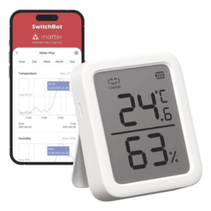 SWITCHBOT SWITCHBOTMP – Sensor de Temperatura y Humedad / Bluetooth BLE 4.2 / Alcance 120 m (393.7 ft) / Pantalla LCD / Batería 1 Año