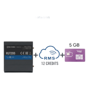 TELTONIKA RUT200+1YRMS+5GBYOBI – Router Industrial 4G LTE / Cat 4 150 Mbps / Wi-Fi 2.4 GHz / -40°C a 75°C / Gestión RMS / Kit con SIM 5GB/Mes Año