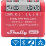SHELLY SHELLY1PMMINIGEN4 – Interruptor Inteligente Mini / 1 Canal 8 A / Medición de Consumo / Multiprotocolo Wi-Fi, Zigbee, Bluetooth, Matter / 110-240 V AC