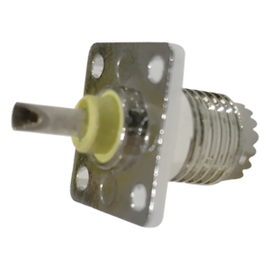 RF INDUSTRIES,LTD RFU-603-1 – Conector Mini-UHF Hembra / Montaje 4 Perforaciones 13 mm (0.51 in) / Cuerpo Níquel / Contacto Oro / Aislante Baquelita / Soldable