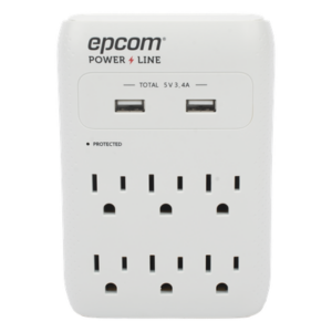 EPCOM POWERLINE EPLSPWUSB – Multicontacto de Pared / 6 Salidas NEMA 5-15R / Supresor de Picos 1080 J / 2 x USB-A 5V/3.4A / 1800W / Filtro EMI/RFI 40 dB