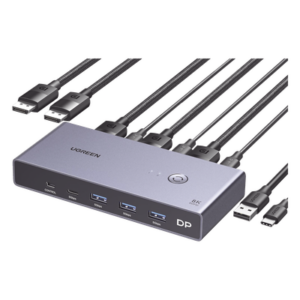 UGREEN 25962 – Conmutador KVM DisplayPort / 8K@60Hz / HDR / 2×1 DP 1.4 / 4 Puertos USB 3.0 / Carcasa Aluminio