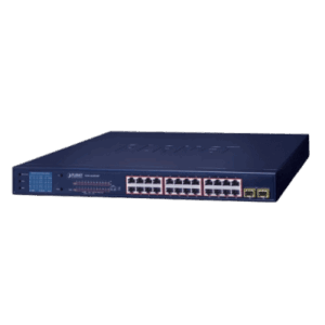 PLANET GSW-2620VHP – Switch PoE / 24 Puertos Gigabit 802.3af/at / 2 SFP 1000SX / LCD Inteligente / Modo Extendido 250 m (820.2 ft) / 300 W PoE / 52 Gbps