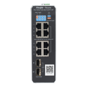 RUIJIE RG-NIS2100-8GT2SFP-HP – Switch Industrial PoE+ / 8 Puertos Gigabit / 1 PoE++ 60W / 7 PoE+ 30W / 2 SFP Uplink / 300W Total / Capacidad 20 Gbps / Layer 2