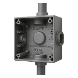 RAWELT RC-5338-M – Caja Condulet Cuadrada / 4 Bocas 1" (25.4 mm) / Orejas de Montaje / IK09 / Intemperie / UL-CSA