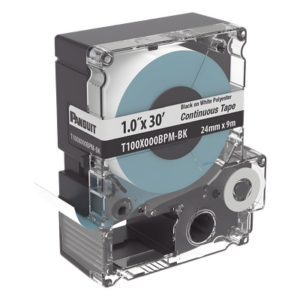 PANDUIT T100X000BPM-BK – Casete de Etiquetas Continuas / Poliéster Negro sobre Blanco / 24 mm Ancho / 9.1 m Largo / -40°C a 125°C / Interior y Exterior