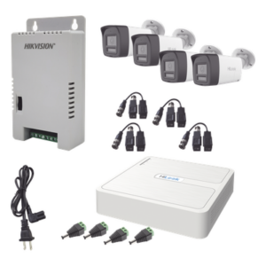 HiLook by HIKVISION HL-1080P-4B-TWA – Kit de Videovigilancia TurboHD / DVR 4 Canales + 1 IP / 4 Cámaras Bala 2 Megapixel / Audio Bidireccional / Dual Light IR 30 m (98.4 ft) + Luz Blanca 20 m (65.6 ft) / IP67 / Fuente Regulada 12-15 VCC
