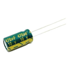 SYSCOM CE470/10V – Capacitor Electrolítico de Aluminio / 470 µF / 10 VDC / 105 °C / Radial 6.3 x 11 mm / Corriente de Rizado 300 mA @10kHz