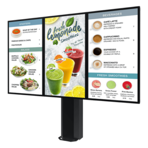 PEERLESS KOF555-3 – Kiosco digital exterior / 55" / IP65 / UL 48 / Base pedestal 8" / Rotación 30° / 3 pantallas / 1.83 m / Drive-thru