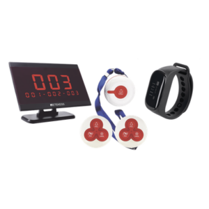 RETEKESS KITDEMORETEKESS – Sistema de Llamado Inalámbrico para Meseros / Pantalla TD105 + Reloj TD112 / Botones T114 y TD009 / Monitoreo Dual Fijo y Móvil / Escalable a 999 Botones