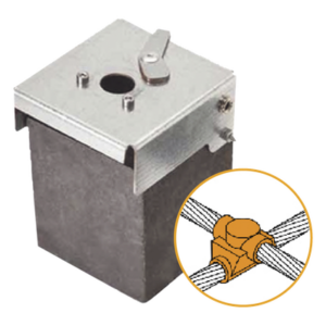 APLICACIONES TECNOLOGICAS AT-W40/W40/XS – Molde de Grafito Horizontal Unión en Cruz / Cable 4/0 AWG (120 mm²) / 50 Soldaduras / Acero Electrogalvanizado / Normativa UNE 21186