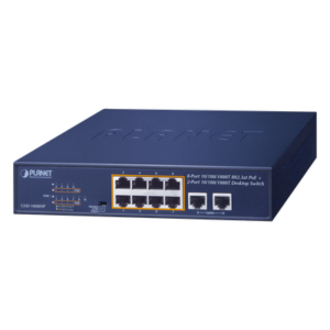 PLANET GSD-1008HP – Switch PoE+ / 8 Puertos Gigabit 802.3at / 2 Puertos Uplink / Presupuesto PoE 120 W / Alcance Extendido 250 m (820.2 ft) / Rackeable 1U