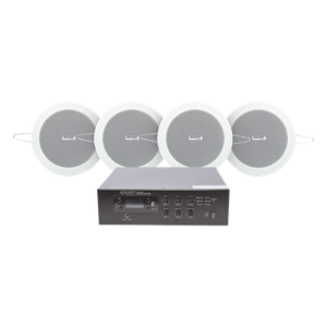 EPCOM PROAUDIO SFB120/4CS – Kit Amplificador Voceo / 120W RMS / Sistema 70/100V / 4 Altavoces de Plafón 4in / Bluetooth y MP3 / Taps 3-6W