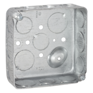 RACO HUB-192 – Caja Cuadrada Eléctrica / 4 x 4 in / Profundidad 1.563 in / Capacidad 21 in³ / 17 Entradas Conduit / Acero Galvanizado Troquelado