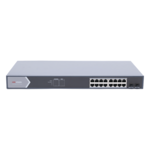 HIKVISION DS-3E1518P-SI – Switch PoE+ Administrable / 16 Puertos Gigabit / 2 Puertos SFP / Alcance Extendido 300 m (984.3 ft) / 225 W / Gestión Web y Nube