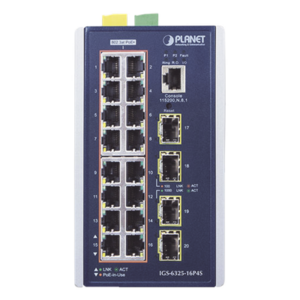 PLANET IGS-6325-16P4S – Switch Industrial Capa 3 PoE+ / 16 Puertos 10/100/1000T / 4 Puertos SFP 1G/2.5G / -40°C a 75°C / IP30