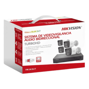 HIKVISION HIK-3K-DL/T – Kit TurboHD / 3K 5 Megapixel / DVR 4 Canales + 2 IP / 4 Cámaras Bala Dual Light / IR 30 m (98.4 ft) / Audio Bidireccional / AcuSense