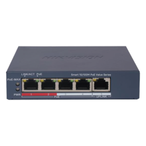 HIKVISION DS-3E1105P-EI/M – Switch PoE+ Monitoreable / 4 Puertos 10/100 Mbps PoE+ / 1 Puerto Uplink 10/100 Mbps / Alcance Extendido 300 m (984.3 ft) / 45 W / Gestión Web y Nube