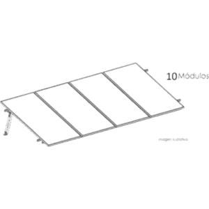 BASEL KITBASEL1X10 – Estructura de Montaje Fotovoltaico / Losa Plana / Configuración 1x3 / Viento 170 km/h / Inclinación 10° / Rieles E-O 3.55 m (11.65 ft) / Rieles N-S 2.14 m (7.02 ft) / Altura 0.52 m (1.71 ft) / Área 10 m² / Módulos 645