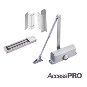 ACCESSPRO ACCESSKIT600N – Kit de Control de Acceso / Chapa Magnética 280 kg (600 lbs) / Brackets L y Z / Cierra Puertas 45-65 kg / LED Indicador / Temporizador 1-45 s