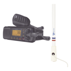 UNIDEN UM-385BK/KIT5206 – Kit de radio VHF marina / 25W / DSC Clase D / Antena fibra de vidrio 2.4 m (7.9 ft) / IPX4