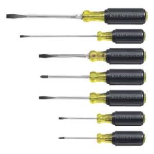 KLEIN TOOLS 85076 – Juego de Desarmadores / Punta Plana, Phillips y Cabinet / 7 Piezas / Mango Acojinado / Cromado Resistente a Corrosión