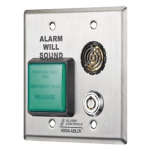 ALARM CONTROLS-ASSA ABLOY DE1B – Estación de Egreso Temporizado / Acero Inoxidable / 12-24V DC / Retraso 2s / 5A @ 35V DC / SPDT