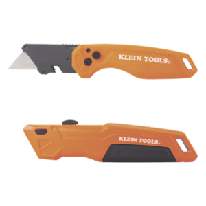 KLEIN TOOLS 44312 – Navaja Multiusos Deslizable / Cuchilla Plegable 135° o 180° / Bloqueo con Liberación Rápida / 5 Cuchillas de Repuesto / Color Naranja de Alta Visibilidad