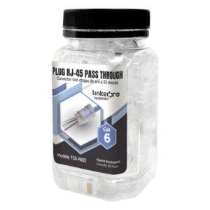 LINKEDPRO BY EPCOM TC6-PASS – Bote de Plugs Pass Through RJ45 Cat6 / 100 Piezas / Sin Blindaje / Chapado Oro 30 Micras / Diseño Monopieza