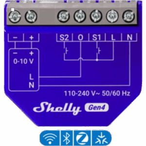 SHELLY SHELLYDIM010VPMG4 – Controlador de Atenuación Inteligente / 0-10V y 1-10V / Wi-Fi Matter Zigbee / Relé 13 A / Medición 110-240 V / ESP32-C6