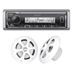 JVC KENWOOD KE/1613MRW – Kit de Audio Marino Bluetooth / Estéreo con 3 Salidas Preamplificadas / Bocinas 6.5 Pulgadas Resistentes al Agua / Ecualizador 13 Bandas / Sintonizador FM 87.9-107.9 MHz