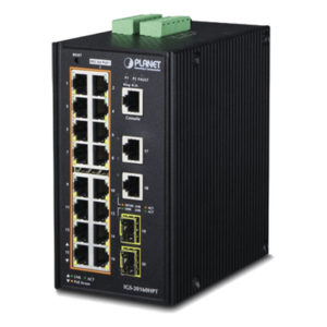 PLANET IGS-20160HPT – Switch Industrial Administrable / 16 Puertos PoE+ Gigabit / 2 Puertos Gigabit / 2 Puertos SFP / IP30 / -40 a 75°C