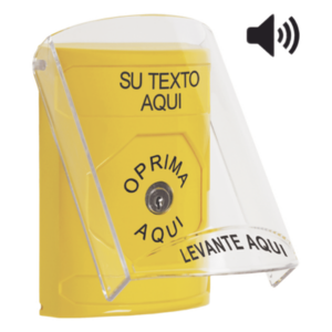 STI SS2-2A0-ZA-ES – Botón de emergencia personalizado / Tapa policarbonato / Bocina integrada / Restablecimiento con llave / Acero inoxidable / Uso interior y exterior