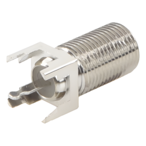 RF INDUSTRIES,LTD RFF-1450-03 – Conector F Hembra / Montaje Vertical PCB / 4 Terminales de Soldadura / Separación 0.32" / Cuerpo Níquel / Contacto Estañado / Dieléctrico Polietileno