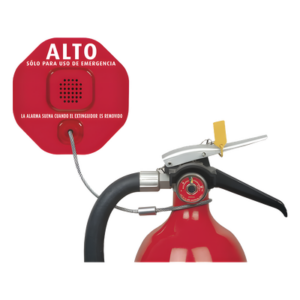 STI STI-6200-ES – Alarma Antirrobo para Extintores / Sirena 95-105 dB / Alimentación 12-24 VCD o Batería 9V / Policarbonato Resistente