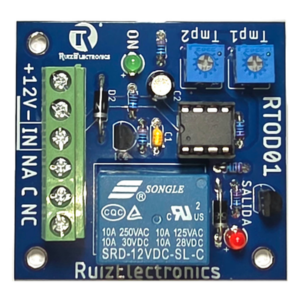 Ruiz Electronics RTOD01 – Tarjeta Temporizadora / Retardo 0-60 s / Duración 0-60 s / Alimentación 12VDC / Salida Relevador NA-NC-C / Indicadores LED