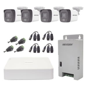 HIKVISION KH1080P4BSFH – Kit de Videovigilancia TURBOHD / DVR 4 Canales Pentahíbrido / 4 Cámaras Bala 1080p / Audio por Coaxitron / Luz Dual 20 m (65.6 ft) Blanca + 30 m (98.4 ft) IR / IP67 / Fuente 12V/13.5V/15V Seleccionable