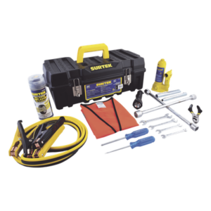 SURTEK SYS-JA14 – Juego de Herramientas Automotriz / 14 Piezas / Gato 2 Toneladas / Cables Pasacorriente 2.5 m (8.2 ft) / Llaves 8-15 mm / Poncholina 12 oz