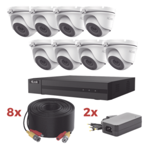 HiLook by HIKVISION HL1080P8E – Kit de Videovigilancia TurboHD / DVR 8 Canales / 8 Cámaras Turret 2 Megapixel / IR 20 m (65.6 ft) / 8 Cables Coaxiales 20 m (65.6 ft) / 2 Fuentes de Alimentación