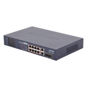 PLANET FGSD-1022VHP – Switch PoE+ / 8 Puertos 10/100Mbps / 2 Puertos Gigabit Combo TP/SFP / Alcance 250m (820 pies) / Pantalla LCD / 120W