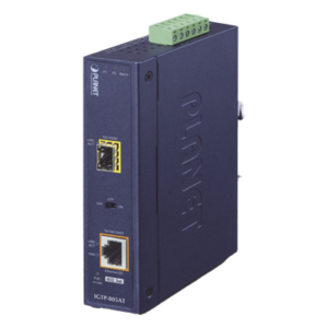 PLANET IGTP-805AT – Convertidor de Medios PoE Industrial / SFP 1000BASE-X a RJ45 Gigabit / PoE+ 802.3at 30W / -40 a 75°C / IP30 / 12-48V CC o 24V CA