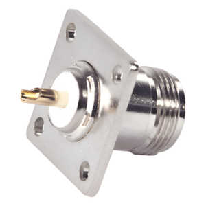 RF INDUSTRIES,LTD RFN-1021-SYS – Conector N Hembra / Montaje en Panel / 4 Perforaciones 18 mm (0.71 in) / Pin Largo / Bronce Plateado / Contacto Oro / Aislante Teflón